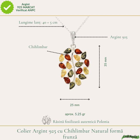 Colier argint 925 frunza si chihlimbar multicolor natural – Vitalitate si protectie [3]