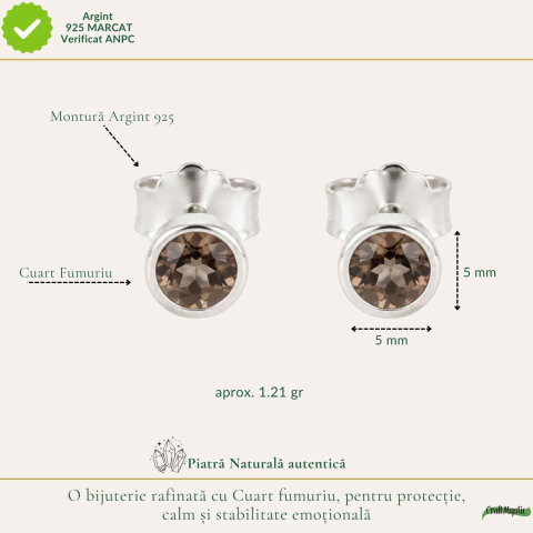 Cercei Argint 925 cu Cuart Fumuriu Fatetat Rotund – Protectie si Echilibru [3]
