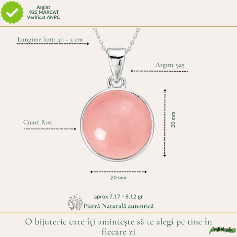 Colier argint 925 cu Cuart Roz rotund – iubire de sine si armonie interioara [3]