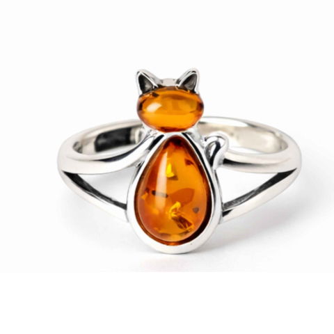 Taur - Inel Argint 925 Pisica cu Chihlimbar Natural – Intuitie, Energie Calda si Farmec
