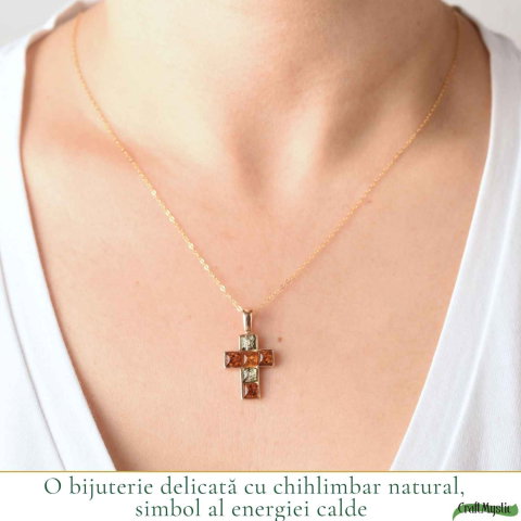 Colier Argint 925 cu Chihlimbar Cruce – Protectie si Energie Calda [1]