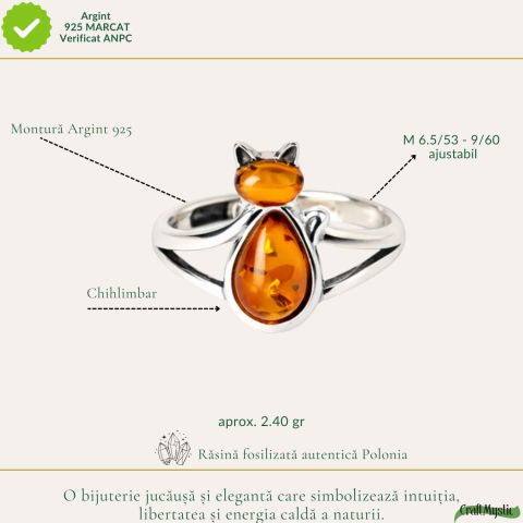 Inel Argint 925 Pisica cu Chihlimbar Natural – Intuitie, Energie Calda si Farmec [3]