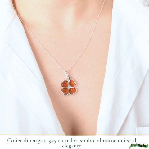 Colier Argint 925 cu Trifoi din Chihlimbar Natural – Noroc, Energie Calda si Protetie [1]