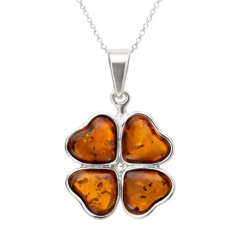 Bijuterii din Argint 925 cu pietre naturale - Colier Argint 925 cu Trifoi din Chihlimbar Natural – Noroc, Energie Calda si Protetie