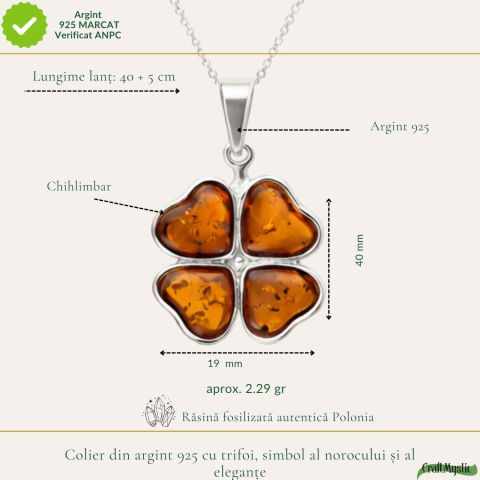Colier Argint 925 cu Trifoi din Chihlimbar Natural – Noroc, Energie Calda si Protetie [3]