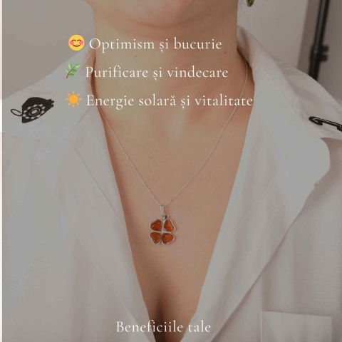 Colier Argint 925 cu Trifoi din Chihlimbar Natural – Noroc, Energie Calda si Protetie [2]