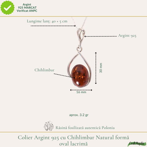 Colier argint 925 cu lacrima si chihlimbar oval natural – Energie solara si protectie [2]