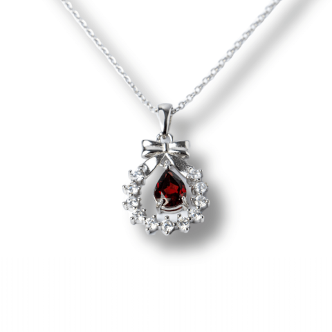 Tip Cristal - Colier Argint 925 cu Granat Natural si Zirconiu – Pandantiv Ghirlanda cu Fundita, Simbol al Energiei si Protectiei