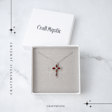 Colier Argint 925 cu Crucifix din Granat Natural si Zirconiu – Simbol al Energiei Vitale, Pasiunii si Protectiei Interioare [6]