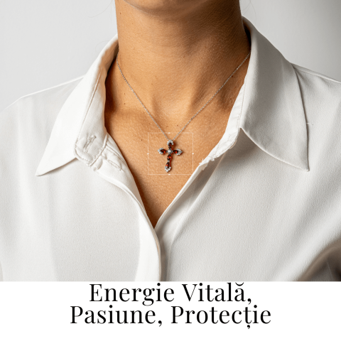 Colier Argint 925 cu Crucifix din Granat Natural si Zirconiu – Simbol al Energiei Vitale, Pasiunii si Protectiei Interioare [1]
