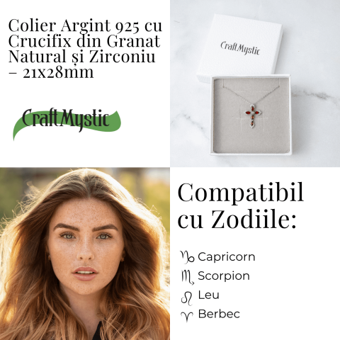 Colier Argint 925 cu Crucifix din Granat Natural si Zirconiu – Simbol al Energiei Vitale, Pasiunii si Protectiei Interioare [3]