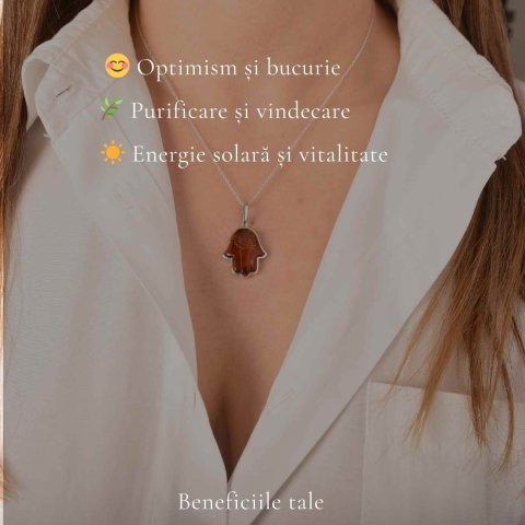 Colier argint 925 cu Mana lui Fatima si chihlimbar natural – Protectie si vitalitate [2]