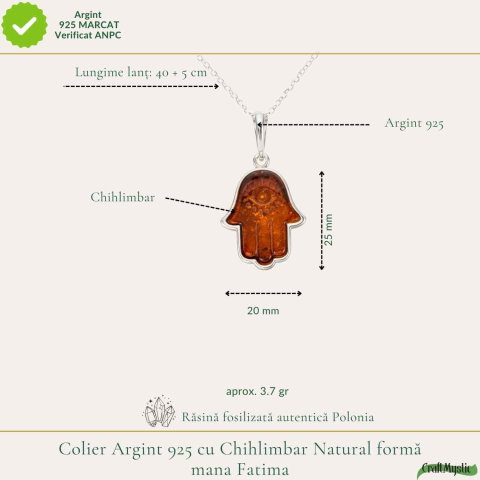 Colier argint 925 cu Mana lui Fatima si chihlimbar natural – Protectie si vitalitate [3]