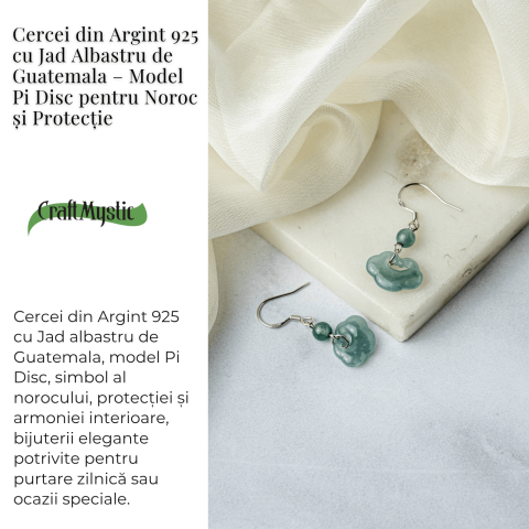 Cercei Argint 925 cu Jad Albastru Guatemala – Model Nor Pi Disc pentru Noroc si Protectie [2]