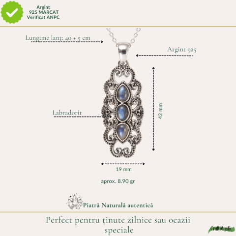 Colier Argint 925 cu Labradorit Triplu forma de Floare – Protectie si Intuitie [3]
