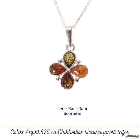 Colier argint 925 cu trifoi si chihlimbar natural – Energie solara si noroc [4]