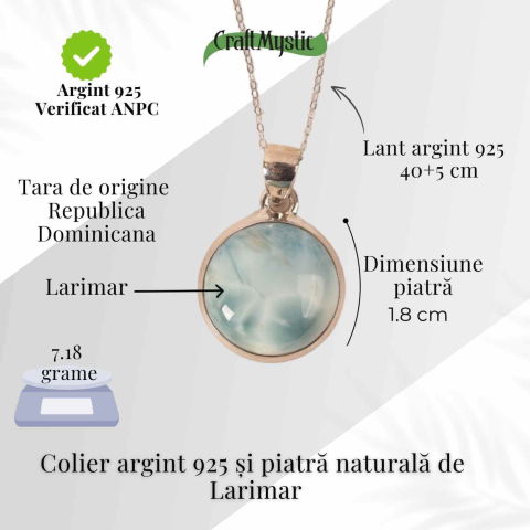 Colier Argint 925 cu Larimar Rotund – Armonie si Calm Oceanic [3]