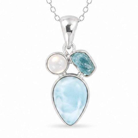 Vindecare Emotionala - Colier Argint 925 cu Larimar, Apatit Albastru si Piatra Lunii Floare – Feminitate si Calm