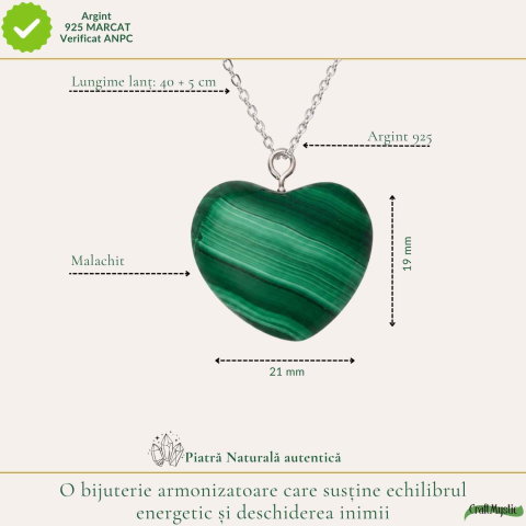 Colier cu Malachit Natural in Forma de Inima si lant argint 925– Transformare si Echilibru Emotional [3]