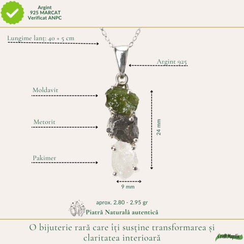 Colier Argint 925 cu Moldavit, Herkimer si Meteorit Brut – Energie si Transformare [3]