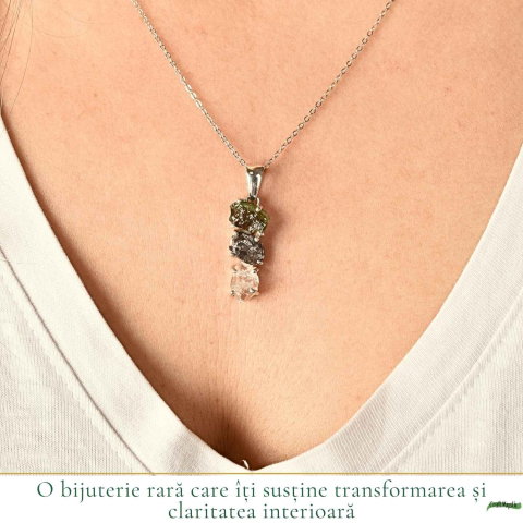 Colier Argint 925 cu Moldavit, Herkimer si Meteorit Brut – Energie si Transformare [1]