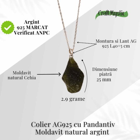 Colier Argint 925 cu MoColier Argint 925 cu Moldavit natural brut 2.9 g – prezenta, sens si spatiu pentru tineldavit natural brut 2.8 g – simbol al schimbarii asumate si al echilibrului [4]