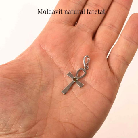 Colier Argint 925 Crucea ANKH cu Moldavit natural fatetat – simbol al vietii si transformarii [5]