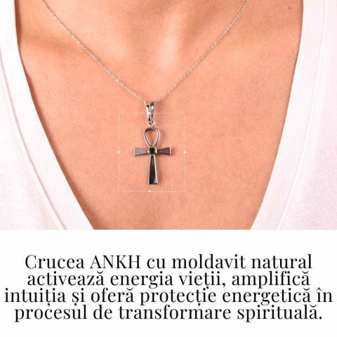 Colier Argint 925 Crucea ANKH cu Moldavit natural fatetat – simbol al vietii si transformarii [1]