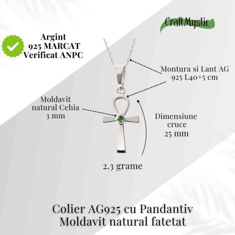 Colier Argint 925 Crucea ANKH cu Moldavit natural fatetat – simbol al vietii si transformarii [3]