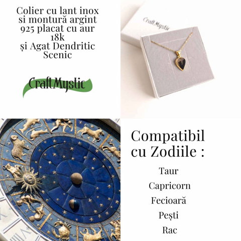 Colier lant inox cu pandantiv montura pe argint 925 placat cu aur 18k si Agat Scenic Dentritic - Claritate si echilibru emotional [2]