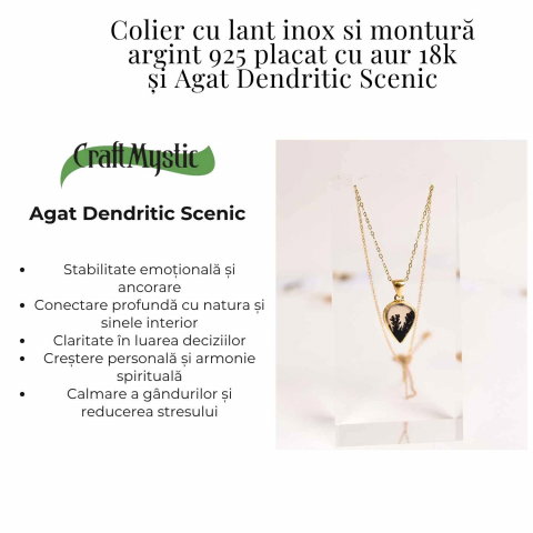 Colier lant inox cu pandantiv montura pe argint 925 placat cu aur 18k si Agat Scenic Dentritic - Claritate si echilibru emotional [1]