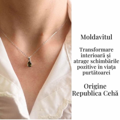 Colier argint 925 cu Moldavit natural fatetat Oval – Claritate interioara si constiinta superioara [1]