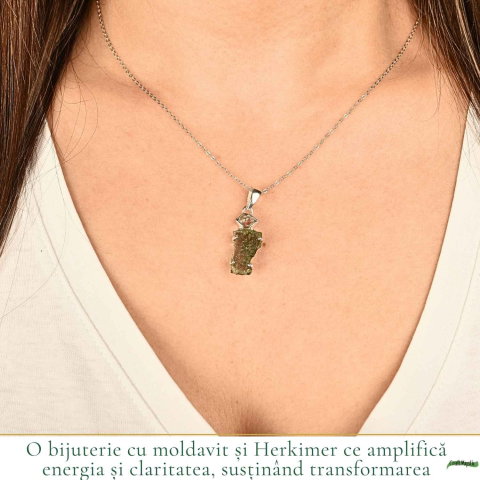 Colier Argint 925 cu Moldavit si Herkimer Brut – Claritate si Transformare [1]