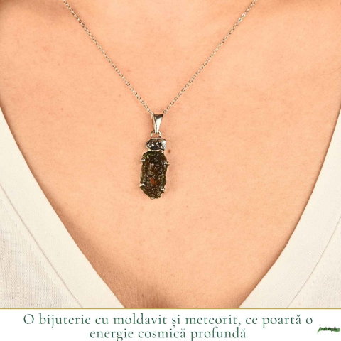 Colier Argint 925 cu Moldavit si Meteorit Brut – Transformare si Energie Cosmice [1]