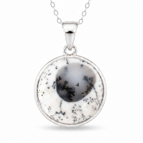 Opal Dentritic - Colier Argint 925 cu Opal Dendritic Rotund – Echilibru si Claritate Naturala