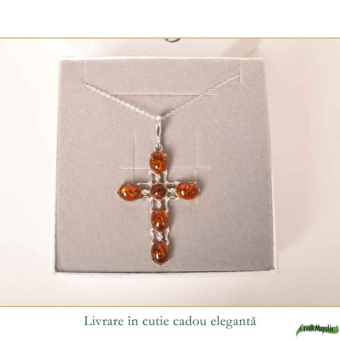 Colier argint 925 cu cruce din margele ovale si chihlimbar natural – Protectie si energie solara [5]
