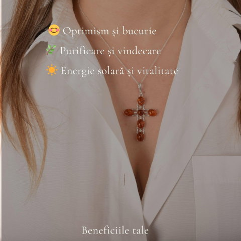 Colier argint 925 cu cruce din margele ovale si chihlimbar natural – Protectie si energie solara [2]