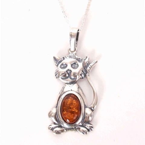 Colier argint 925 cu pisica si chihlimbar natural – Energie solara si protectie