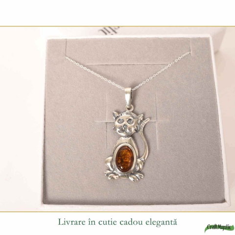 Colier argint 925 cu pisica si chihlimbar natural – Energie solara si protectie [5]