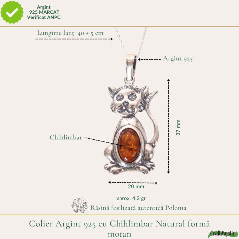 Colier argint 925 cu pisica si chihlimbar natural – Energie solara si protectie [3]