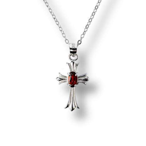 Bijuterii Semiprețioase - Colier Argint 925 cu Granat Natural in Forma de Cruce – Energie, Pasiune si Protectie Divina