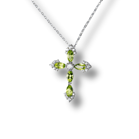 Tip Cristal - Colier Argint 925 cu Crucifix din Peridot Natural si Zirconiu – Simbol al Prosperitatii, Vitalitatii si Armoniei Interioare