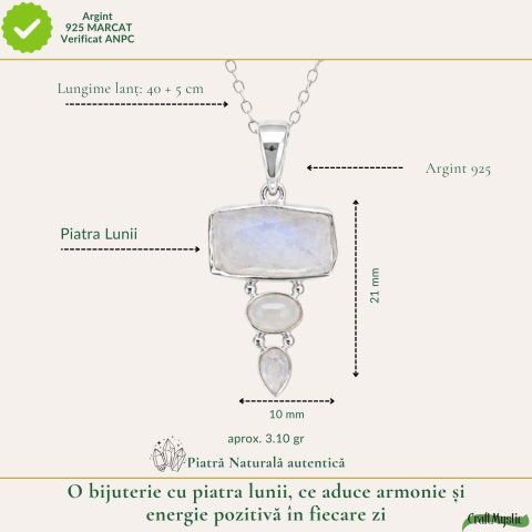 Colier Argint 925 cu Tripla Piatra Lunii – Intuitie si Echilibru Emotional [3]