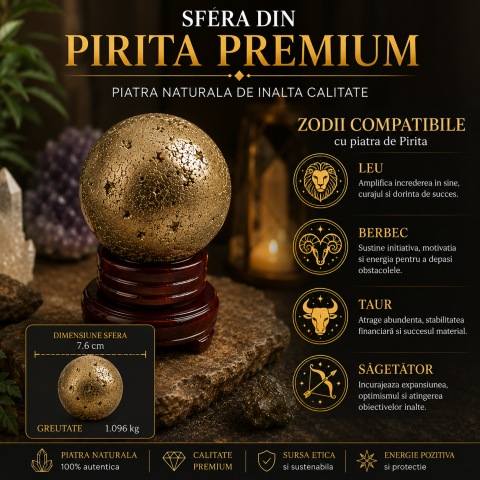 Sfera din Pirita Naturala Premium cu Suport – Prosperitate si Protectie Energetica [5]
