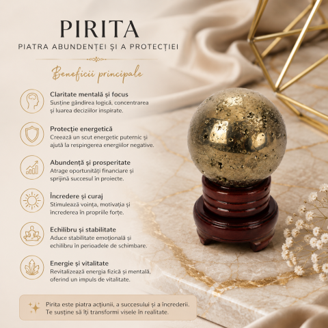 Sfera din Pirita Naturala Premium cu Suport – Prosperitate si Protectie Energetica [4]