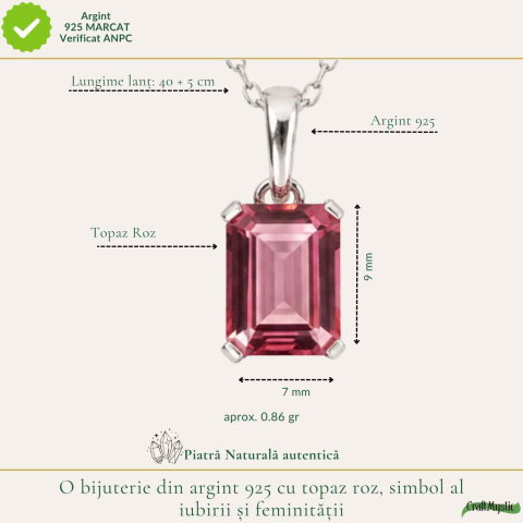 Colier argint 925 cu Topaz Roz forma de dreptunghi – Iubire si echilibru emotional [3]