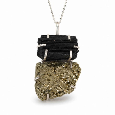 Claritate Mentala si Focus - Colier argint 925 cu Pirita si Turmalina neuniform – Protectie si incredere