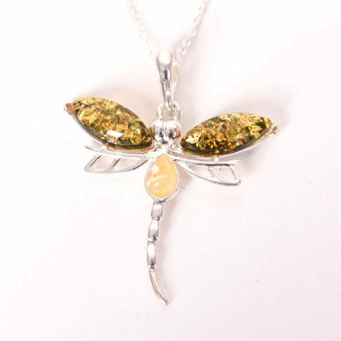 Inele - Colier argint 925 cu libelula si chihlimbar natural – Energie solara si transformare