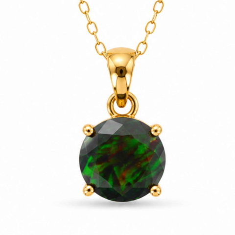 Meditatie si Spiritualitate - Colier Argint 925 Placat cu Aur 18K cu Opal Negru Rotund – Protectie si Mister