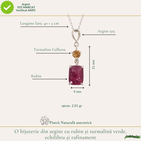 Colier Argint 925 cu Rubin si Turmalina Galbena Naturala Rotund si Dreptunghi – Bucurie si Incredere [3]